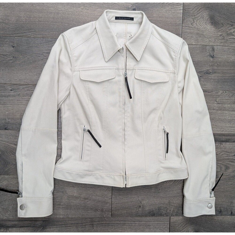 Elie Tahari Women's Ivory Moto Jacket Zip Cuff Fitted Stretch Cotton Sz M